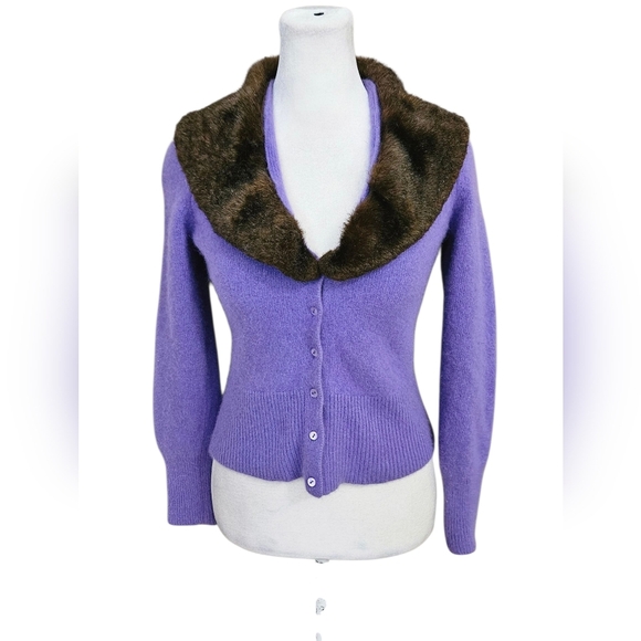 Vintage SUTTON STUDIO Wool Blend Cardigan Faux Fur Collar. Purple. XS/S - Picture 3 of 14